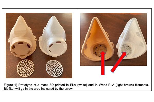 Figure 1) Prototype of a mask 3D printed in PLA (white) and in Wood-PLA (light brown) filaments. Biofilter will go in the nose area.. 